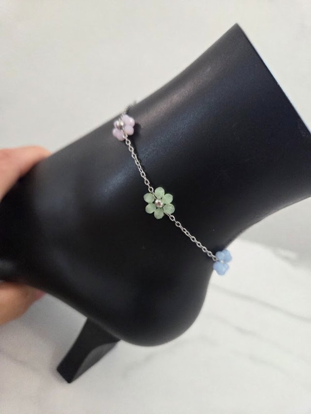 Dainty Pastel Flower Anklet Silver Tone Pink Blue Green Floral Ankle Bracelet - Picture 10 of 17